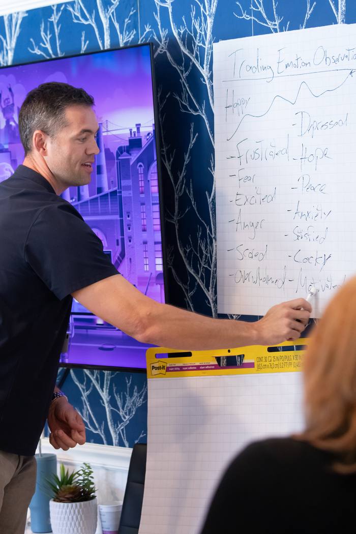 Ben Sturgill teaching trading psychology on a whiteboard